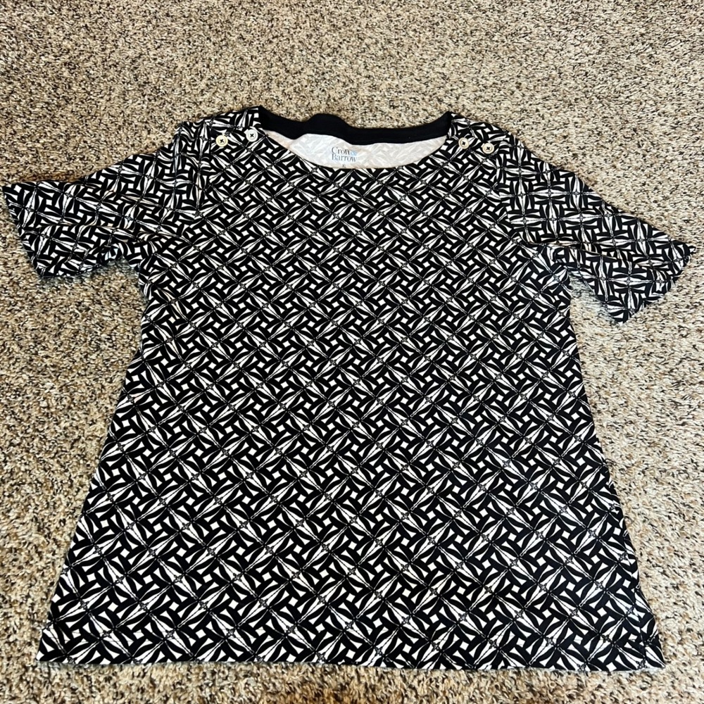 Croft & Barrow Womens XL Geometric Print Short Sleeve T Shirt Black White Cotton